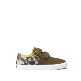 Supra Kids STACKS II VULC VELCRO Low Top Shoes Olive/camo White | US-13158